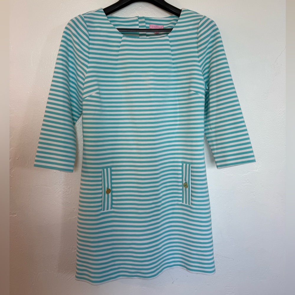 Lilly Pulitzer Aqua and White Striped Long Sleeve Dress